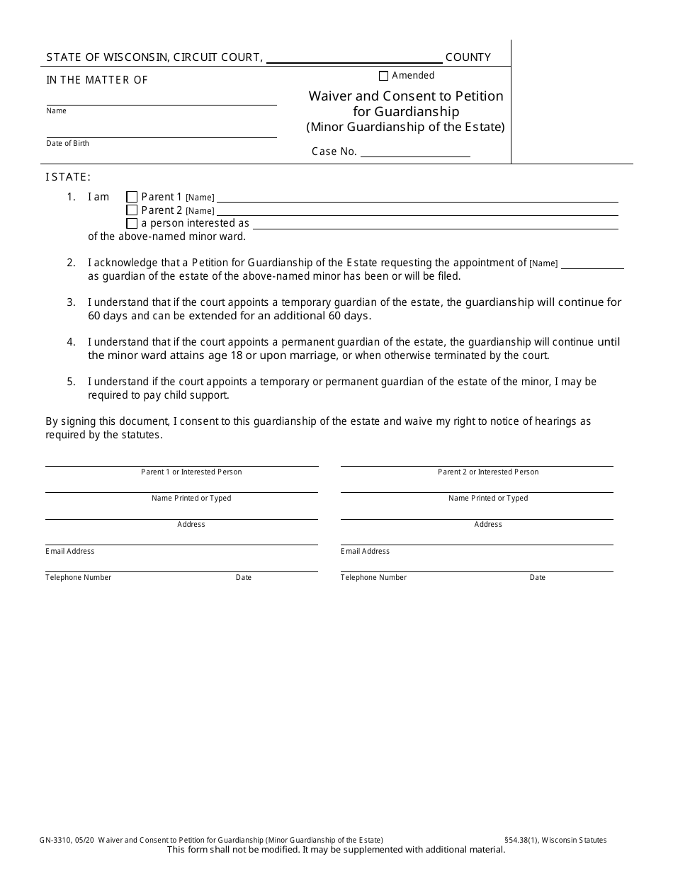 Form GN-3310 Waiver and Consent to Petition for Guardianship (Minor Guardianship of the Estate) - Wisconsin, Page 1