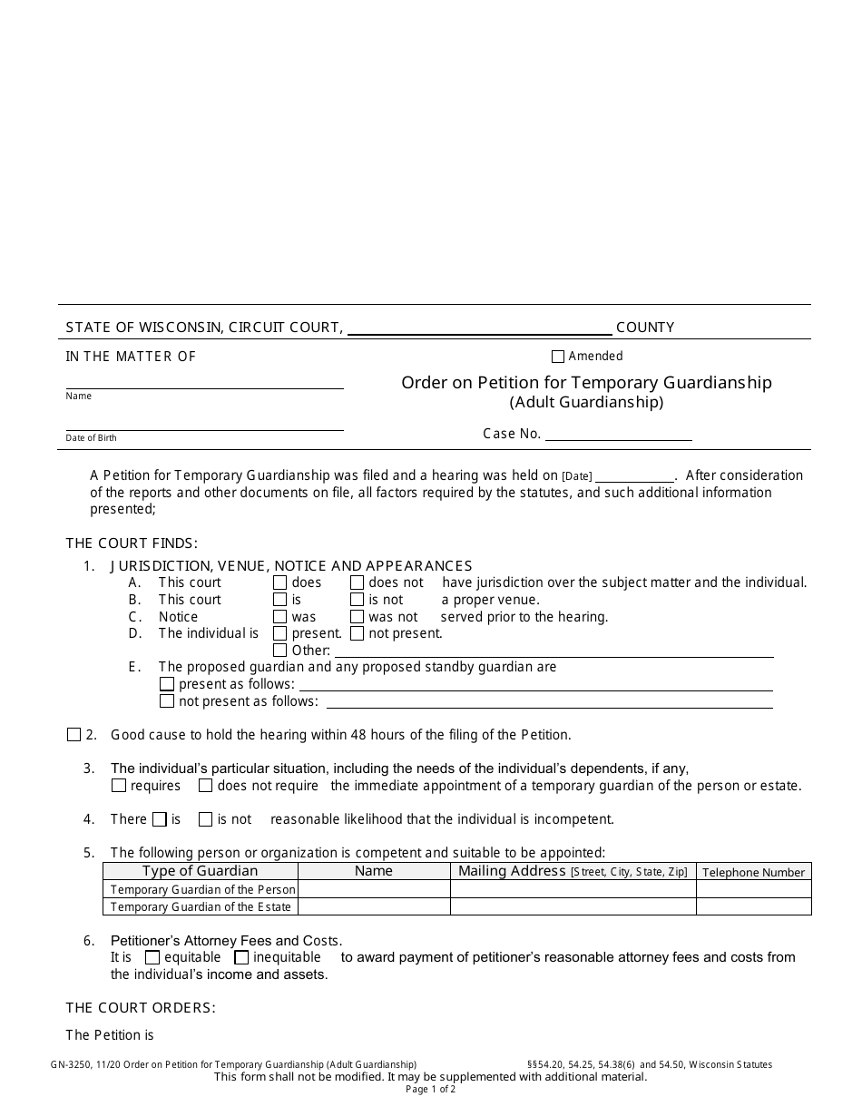 Form GN-3250 Order on Petition for Temporary Guardianship (Adult Guardianship) - Wisconsin, Page 1