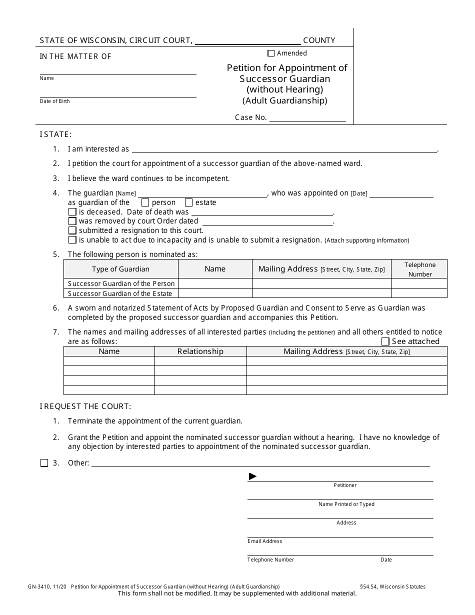 Form GN-3410 Petition for Appointment of Successor Guardian (Without Hearing) (Adult Guardianship) - Wisconsin, Page 1