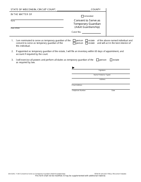 Form GN-3230 Consent to Serve as Temporary Guardian (Adult Guardianship) - Wisconsin