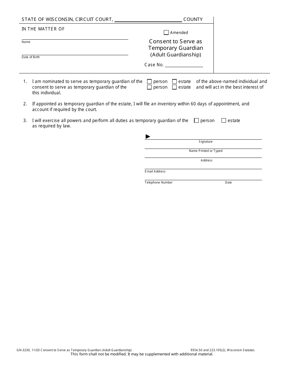 Form GN-3230 Consent to Serve as Temporary Guardian (Adult Guardianship) - Wisconsin, Page 1