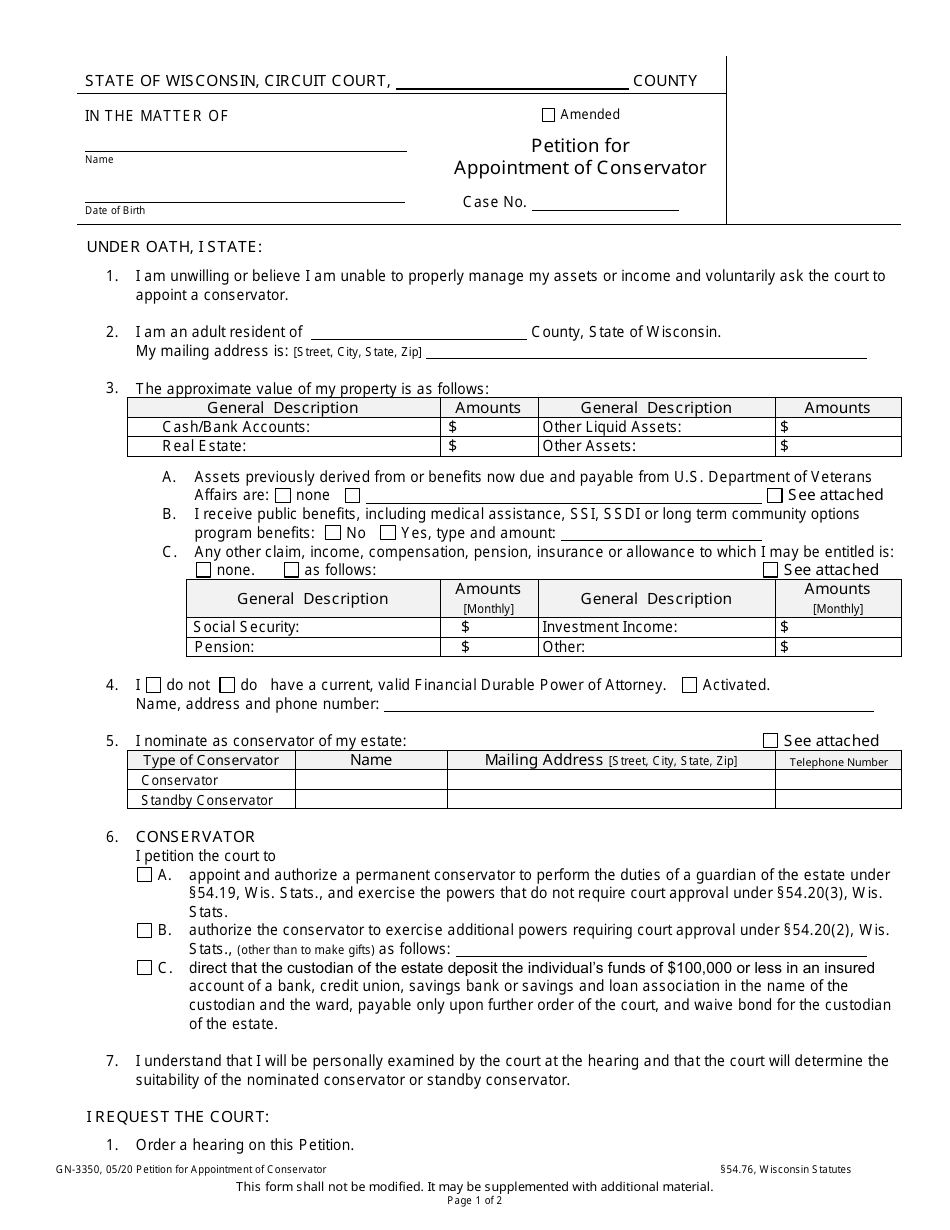 Form GN-3350 Petition for Appointment of Conservator - Wisconsin, Page 1