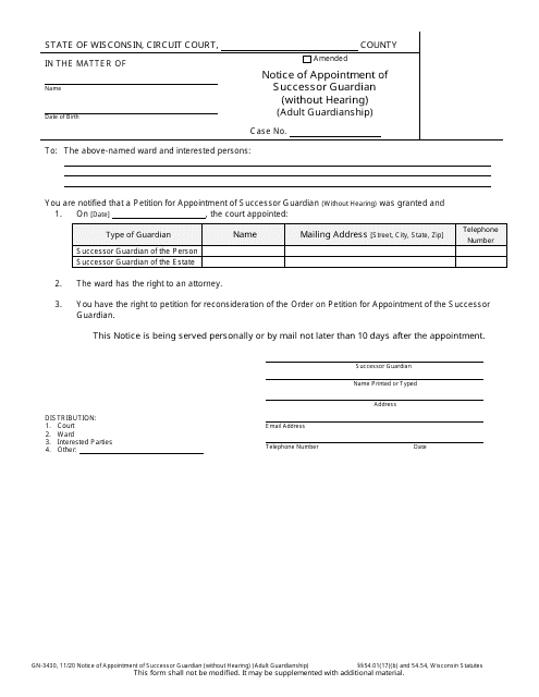 Form GN-3430 Notice of Appointment of Successor Guardian (Without Hearing) (Adult Guardianship) - Wisconsin