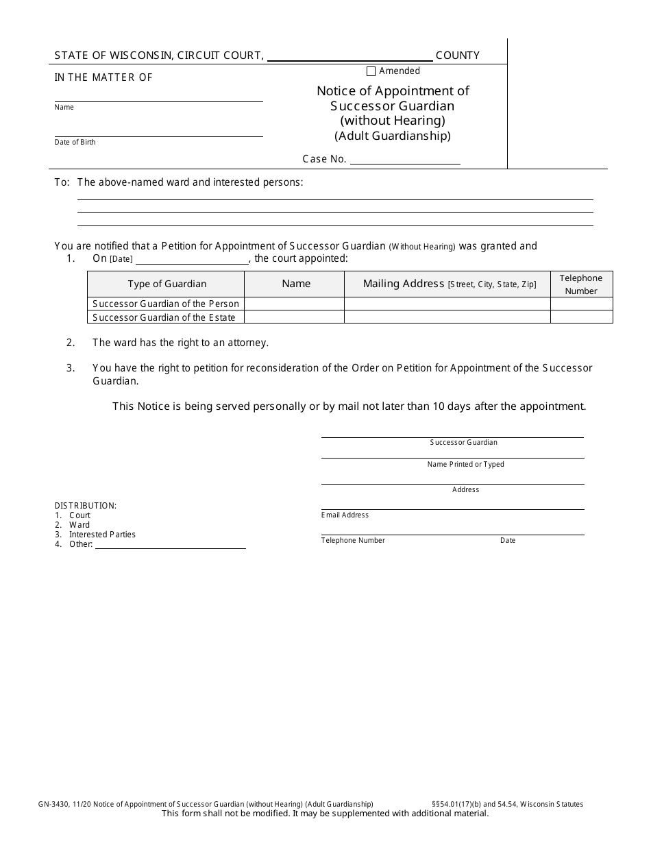 Form GN-3430 Notice of Appointment of Successor Guardian (Without Hearing) (Adult Guardianship) - Wisconsin, Page 1