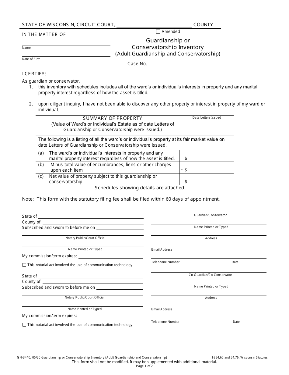 Form GN-3440 Guardianship or Conservatorship Inventory (Adult Guardianship and Conservatorship) - Wisconsin, Page 1