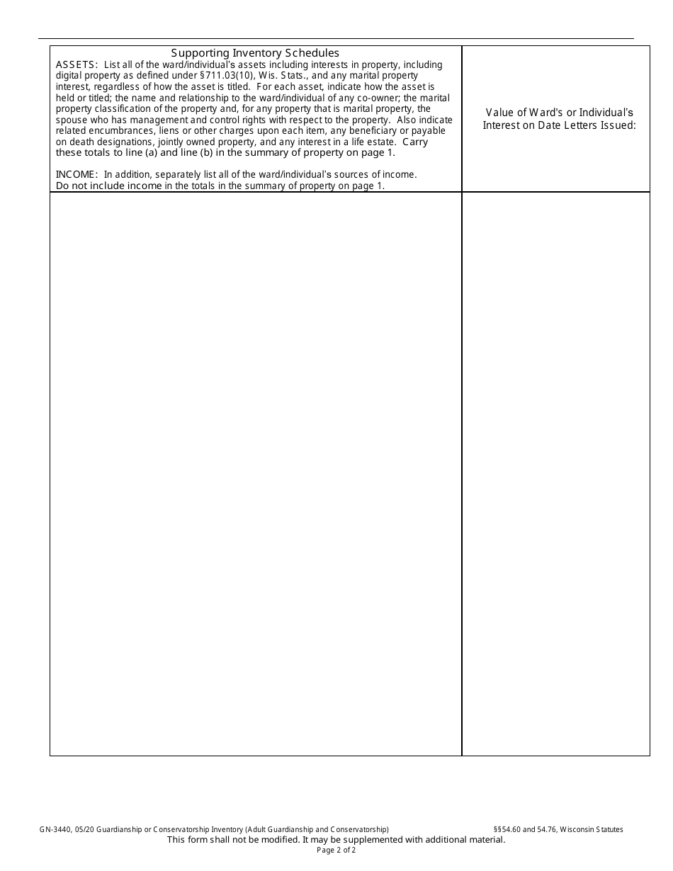 Form GN-3440 Guardianship or Conservatorship Inventory (Adult Guardianship and Conservatorship) - Wisconsin, Page 2