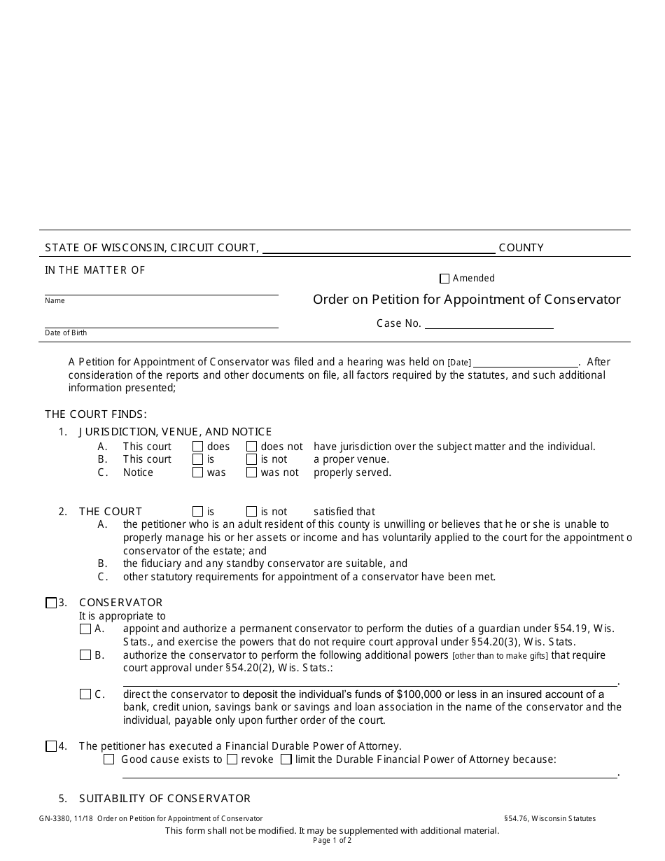 Form GN-3380 Order on Petition for Appointment of Conservator - Wisconsin, Page 1
