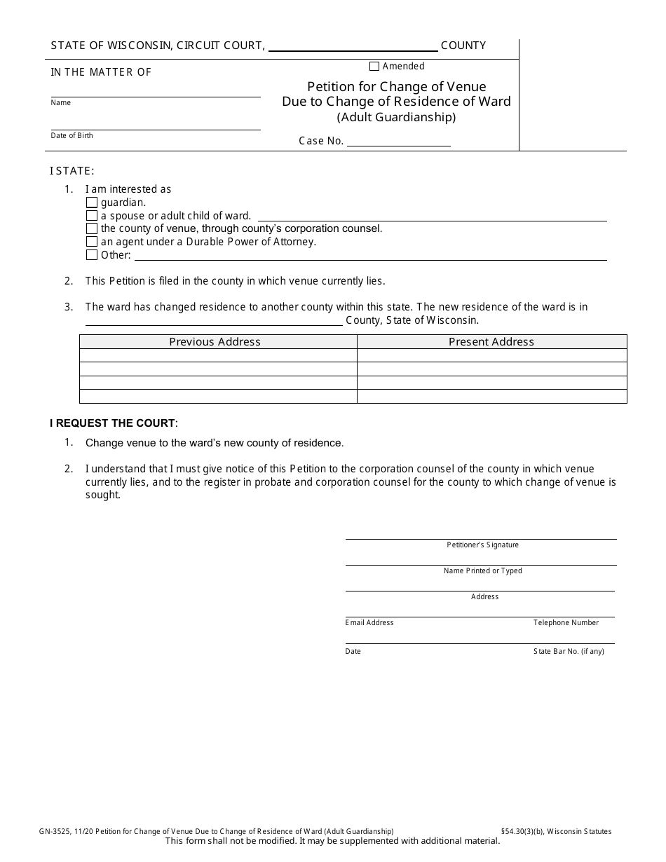Form GN-3525 Petition for Change of Venue Due to Change of Residence of Ward (Adult Guardianship) - Wisconsin, Page 1