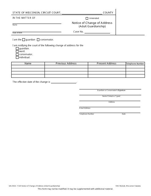Form GN-3520 Notice of Change of Address (Adult Guardianship) - Wisconsin