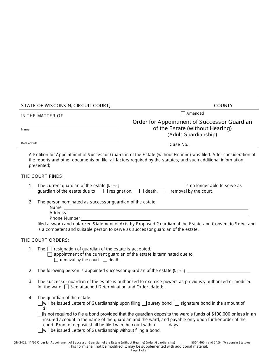 Form GN-3423 Order for Appointment of Successor Guardian of the Estate (Without Hearing) (Adult Guardianship) - Wisconsin, Page 1