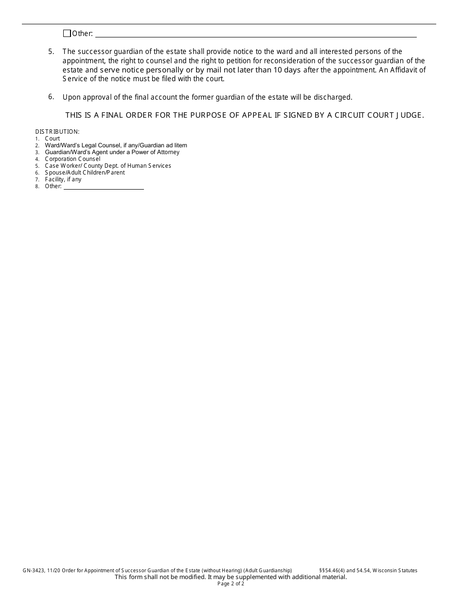 Form GN-3423 Order for Appointment of Successor Guardian of the Estate (Without Hearing) (Adult Guardianship) - Wisconsin, Page 2