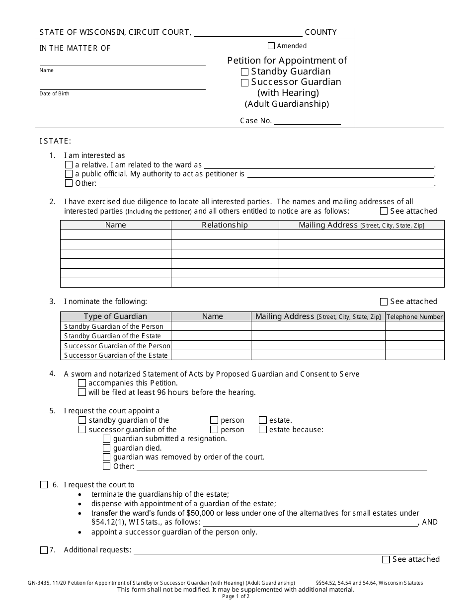 Form GN-3435 Petition for Appointment of Standby / Successor Guardian (With Hearing) (Adult Guardianship) - Wisconsin, Page 1