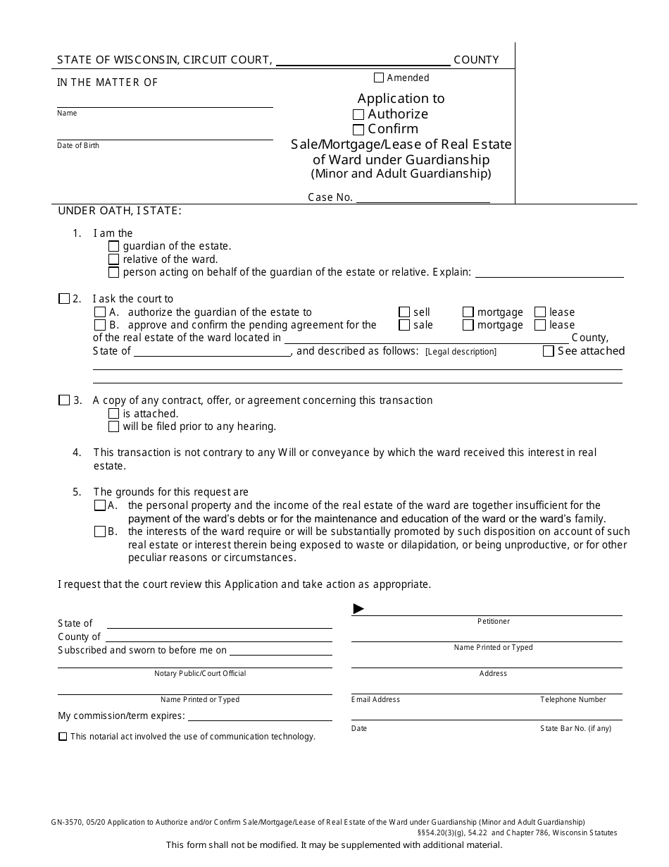Form GN-3570 Application to Authorize or Confirm Sale / Mortgage / Lease of Real Estate of Ward Under Guardianship (Minor and Adult Guardianship) - Wisconsin, Page 1
