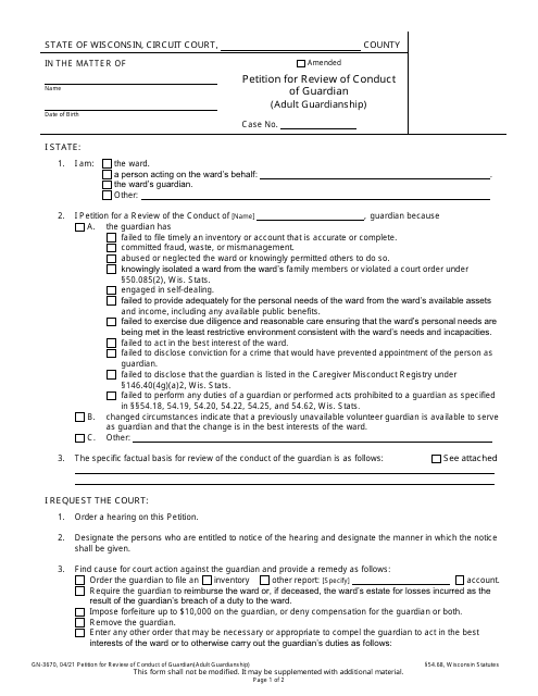 Form GN-3670 Petition for Review of Conduct of Guardian (Adult Guardianship) - Wisconsin