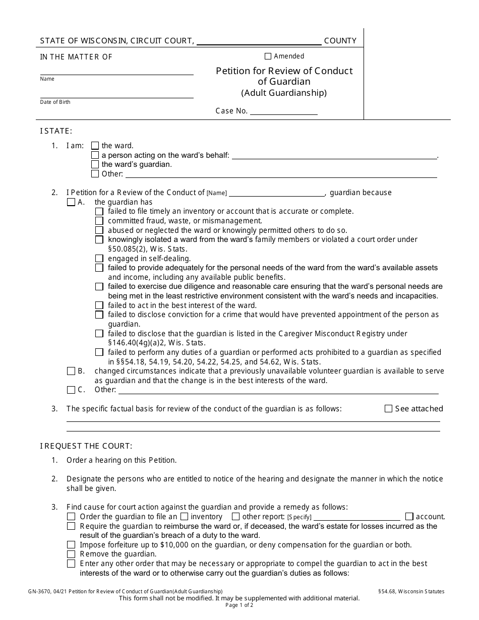 Form GN-3670 Petition for Review of Conduct of Guardian (Adult Guardianship) - Wisconsin, Page 1