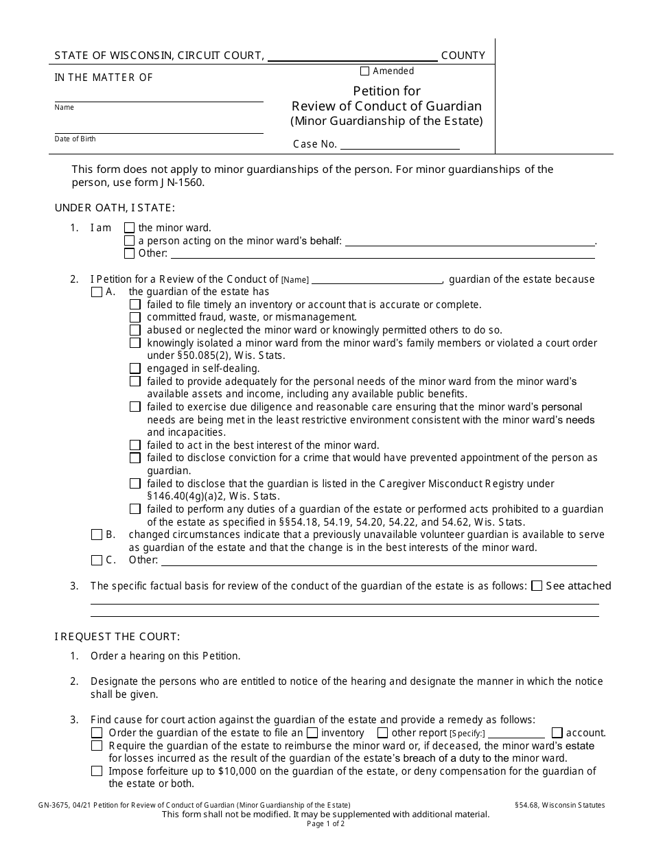 Form GN-3675 Petition for Review of Conduct of Guardian (Minor Guardianship of the Estate) - Wisconsin, Page 1