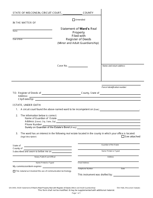 Form GN-3450 Statement of Ward's Real Property Filed With Register of Deeds (Minor and Adult Guardianship) - Wisconsin
