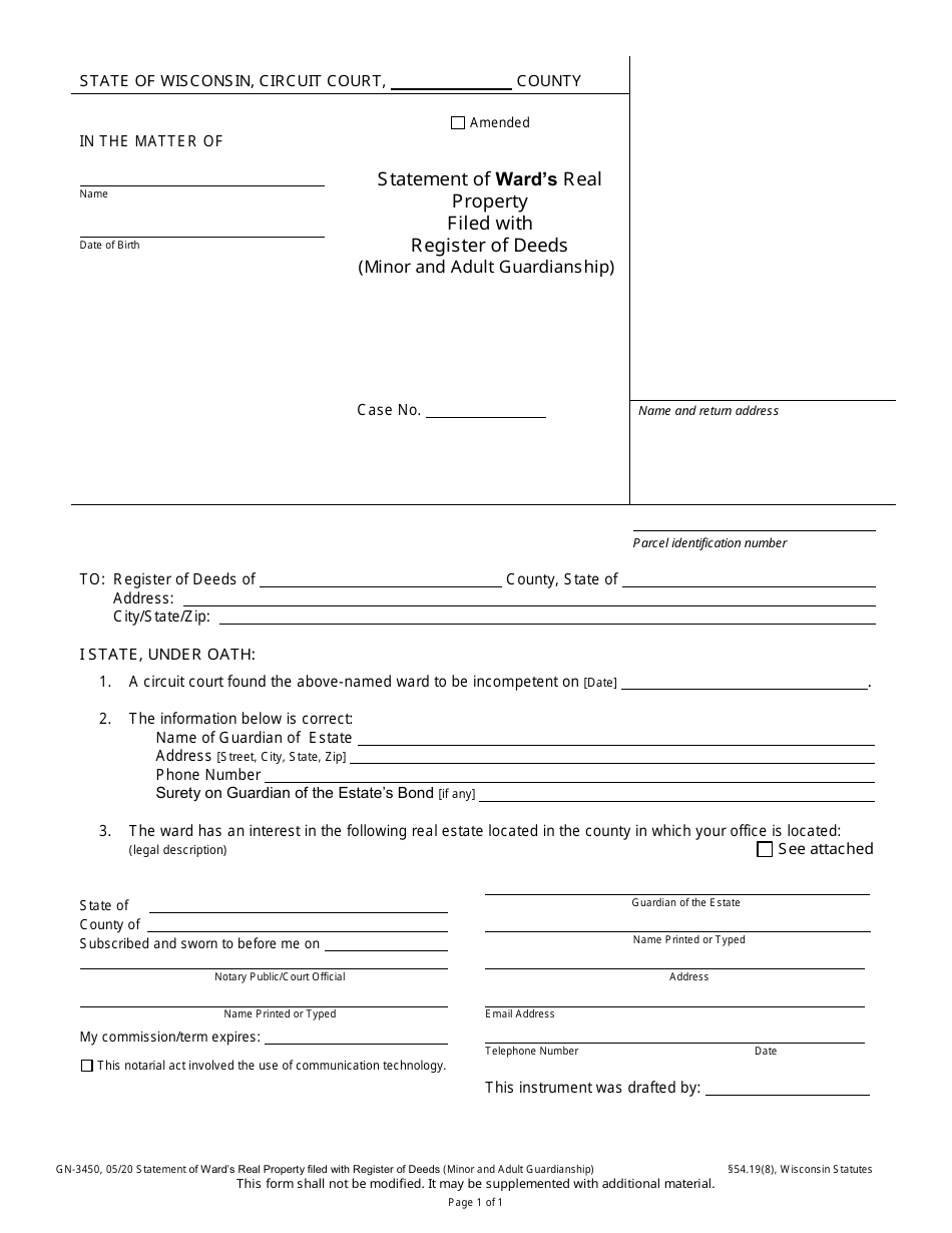 Form GN-3450 Statement of Wards Real Property Filed With Register of Deeds (Minor and Adult Guardianship) - Wisconsin, Page 1