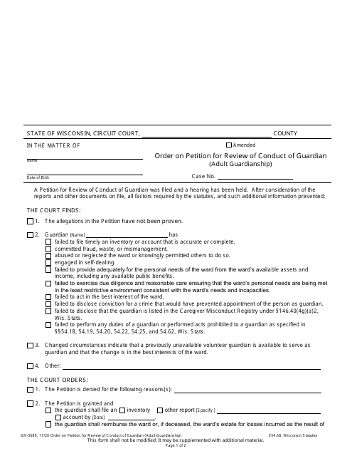 Form GN-3680 Order on Petition for Review of Conduct of Guardian (Adult Guardianship) - Wisconsin
