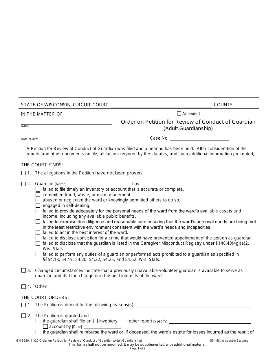 Form GN-3680 Order on Petition for Review of Conduct of Guardian (Adult Guardianship) - Wisconsin, Page 1