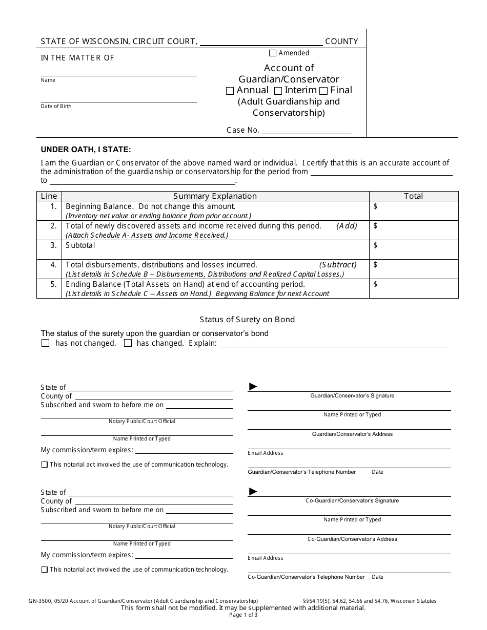 Form GN-3500 Account of Guardian / Conservator (Adult Guardianship and Conservatorship) - Wisconsin, Page 1