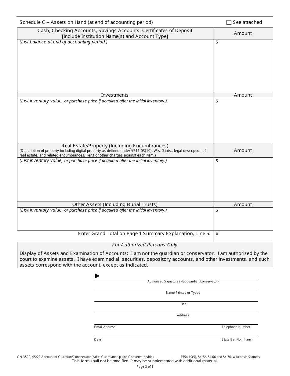 Form GN-3500 Account of Guardian / Conservator (Adult Guardianship and Conservatorship) - Wisconsin, Page 3