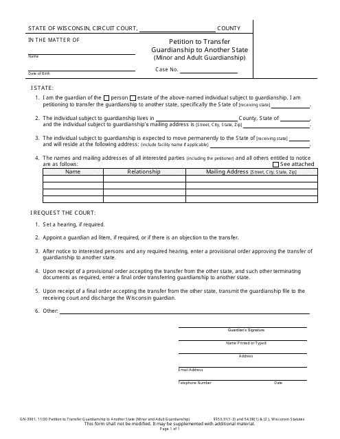 Form GN-3901 Petition to Transfer Guardianship to Another State (Minor and Adult Guardianship) - Wisconsin