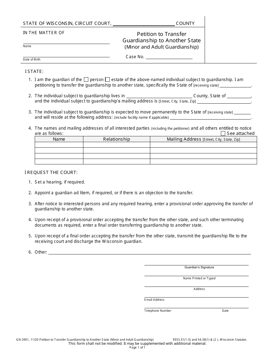 Form GN-3901 Petition to Transfer Guardianship to Another State (Minor and Adult Guardianship) - Wisconsin, Page 1