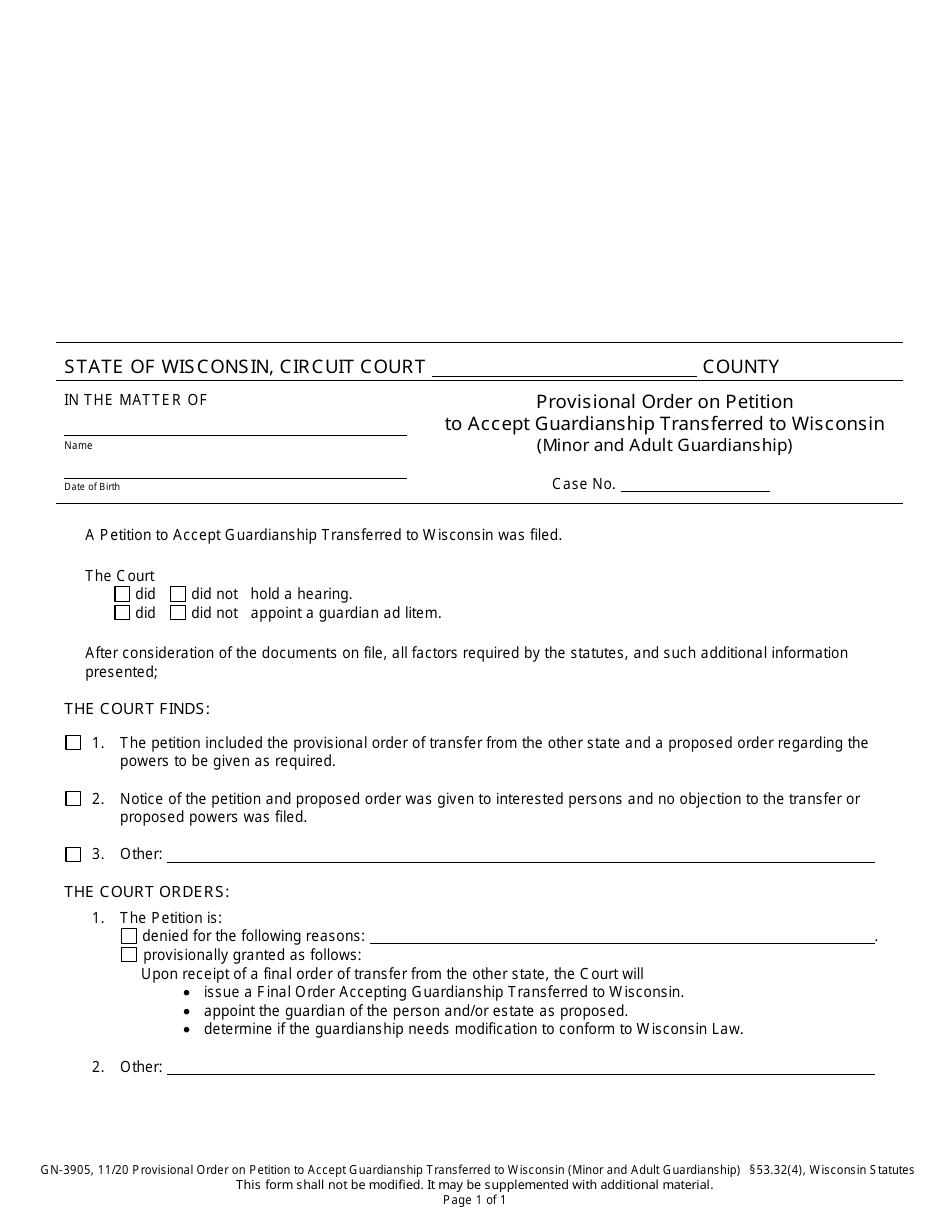 Form GN-3905 Provisional Order on Petition to Accept Guardianship Transferred to Wisconsin (Minor and Adult Guardianship) - Wisconsin, Page 1