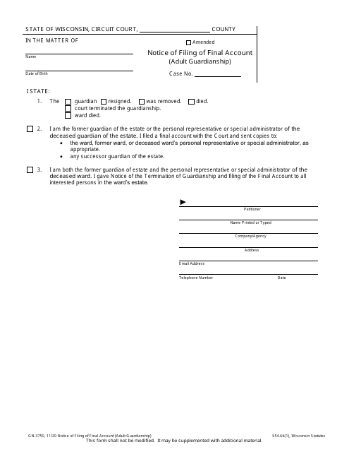 Form GN-3750 Notice of Filing of Final Account (Adult Guardianship) - Wisconsin