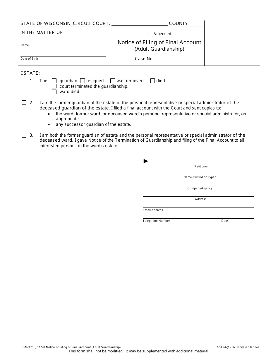Form GN-3750 Notice of Filing of Final Account (Adult Guardianship) - Wisconsin, Page 1