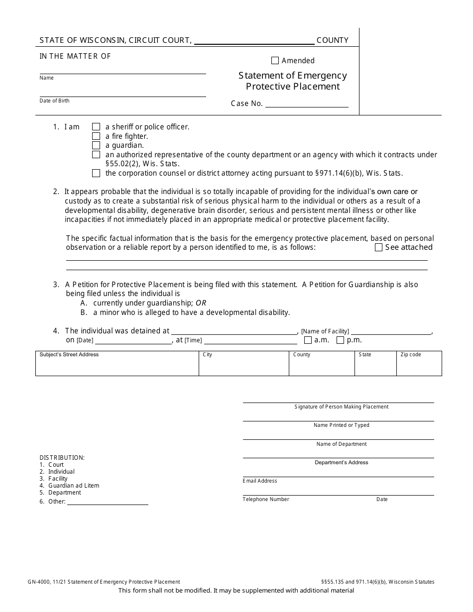 Form GN-4000 Statement of Emergency Protective Placement - Wisconsin, Page 1