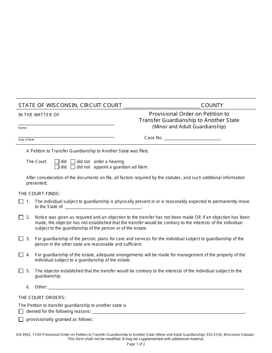 Form GN-3902 Provisional Order on Petition to Transfer Guardianship to Another State (Minor and Adult Guardianship) - Wisconsin, Page 1