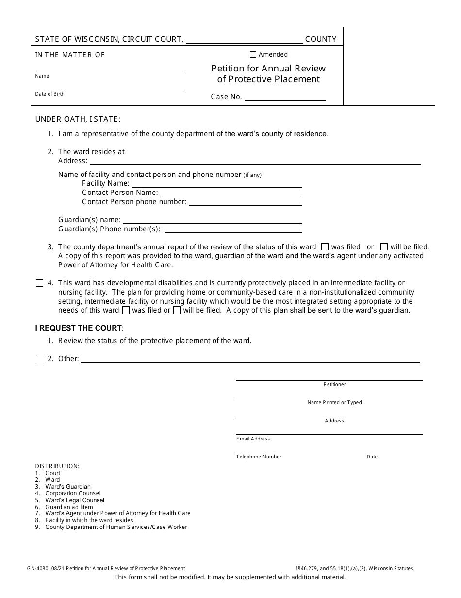 Form GN-4080 Petition for Annual Review of Protective Placement - Wisconsin, Page 1