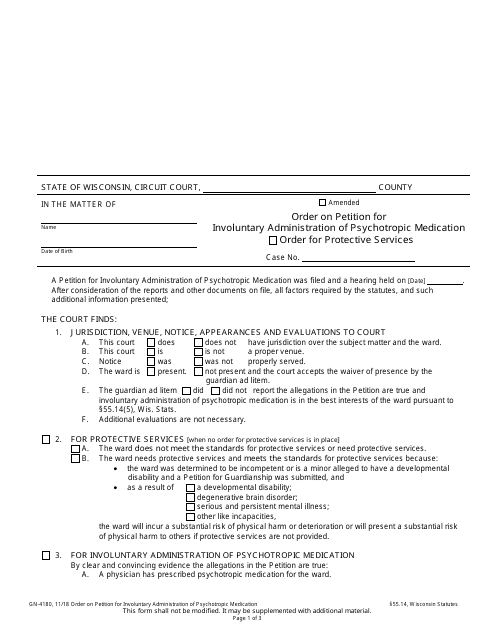 Form GN-4180 Order on Petition for Involuntary Administration of Psychotropic Medication (With Order for Protective Services) - Wisconsin