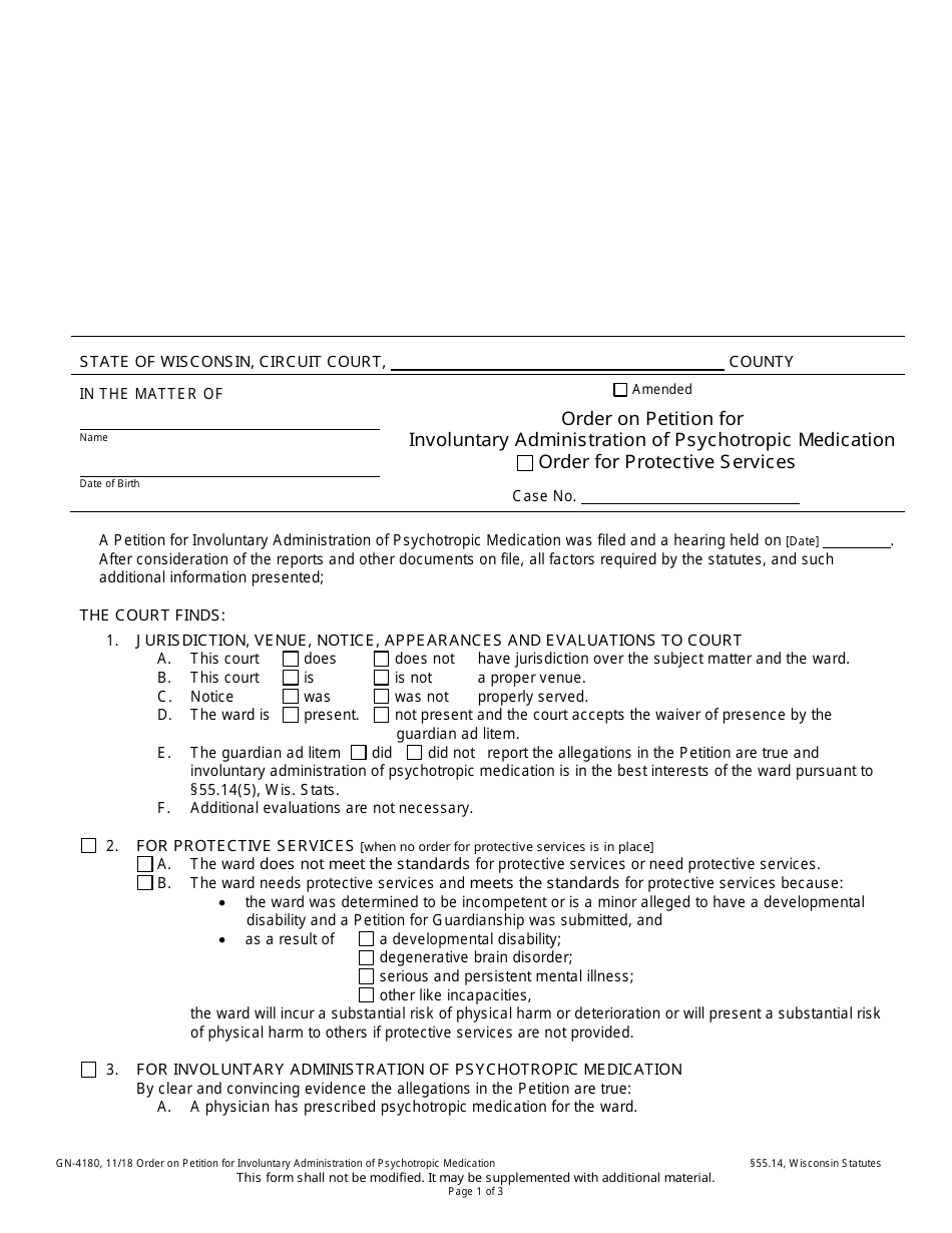 Form GN-4180 Order on Petition for Involuntary Administration of Psychotropic Medication (With Order for Protective Services) - Wisconsin, Page 1