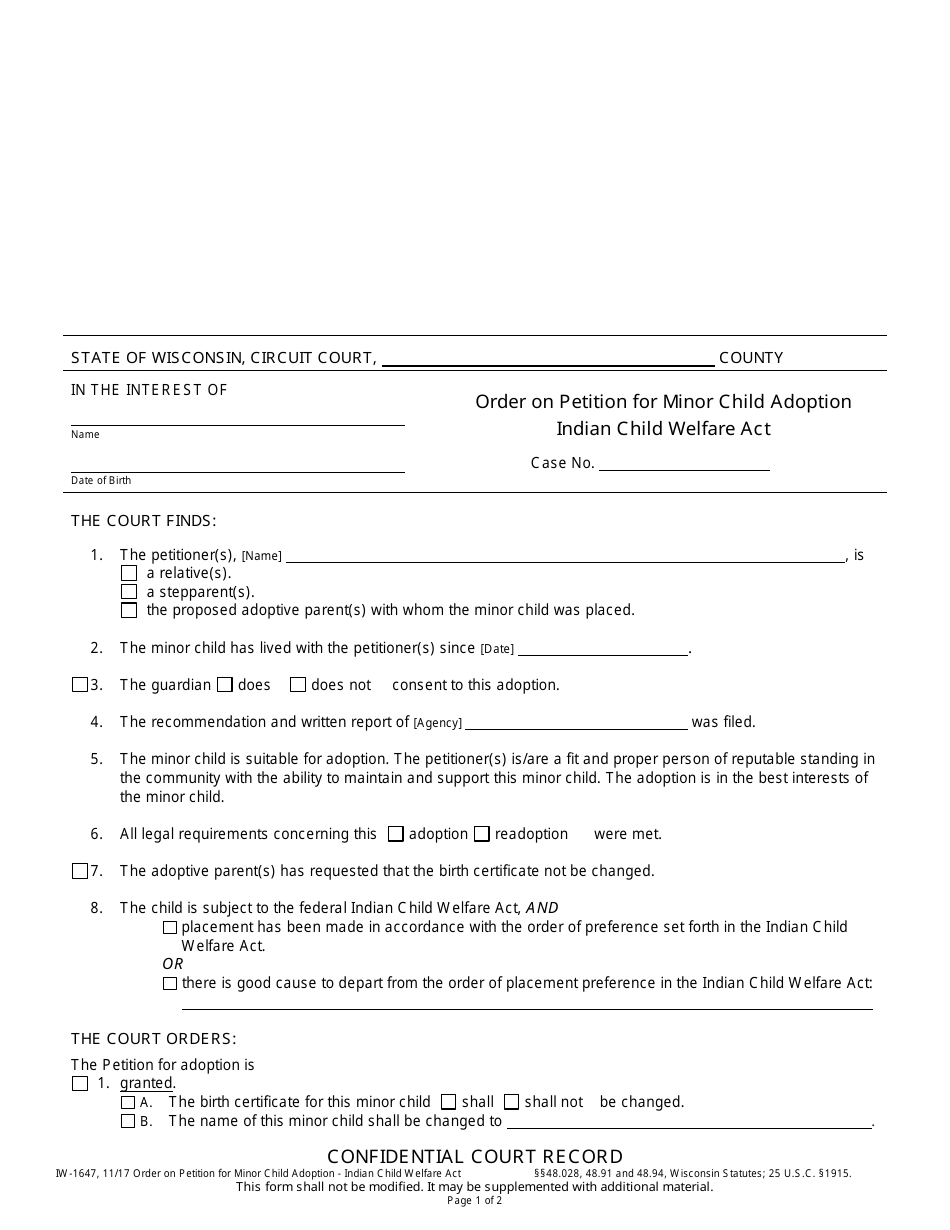 Form IW-1647 Order on Petition for Minor Child Adoption - Indian Child Welfare Act - Wisconsin, Page 1