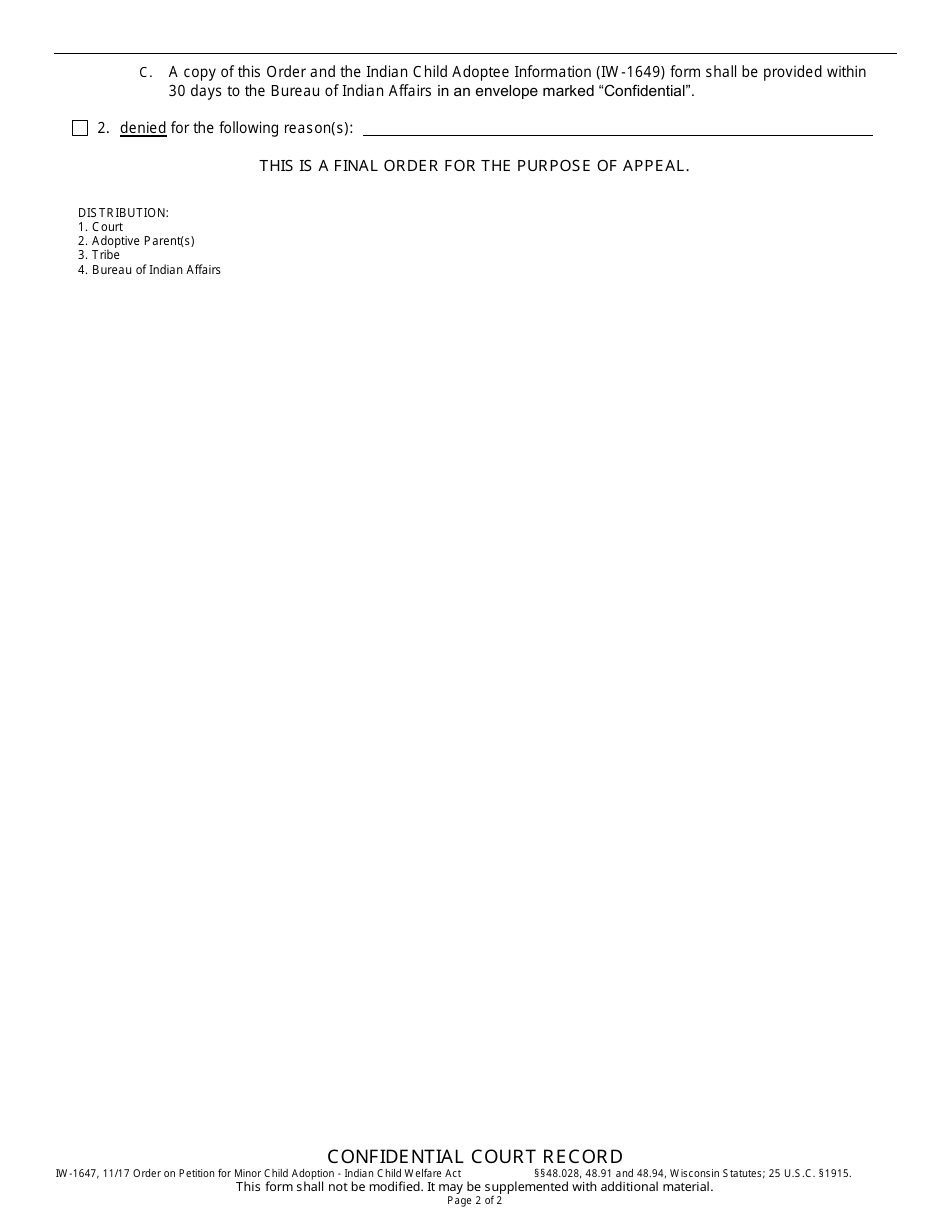 Form IW-1647 Order on Petition for Minor Child Adoption - Indian Child Welfare Act - Wisconsin, Page 2