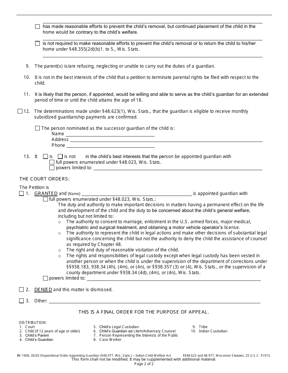 Form IW-1606 Dispositional Order Appointing Guardian (48.977, Wis. Stats.) - Indian Child Welfare Act - Wisconsin, Page 2