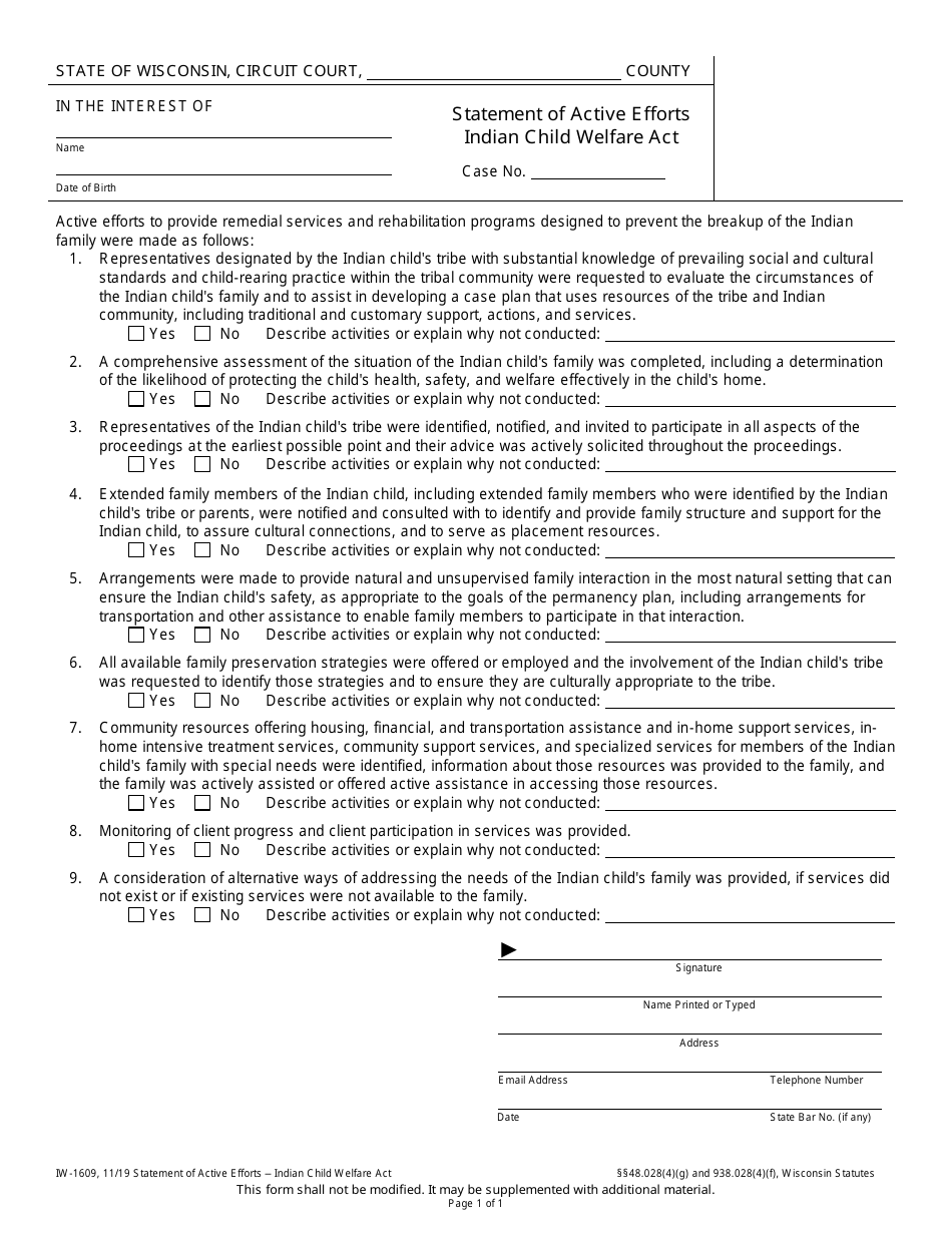 Form IW-1609 Statement of Active Efforts - Indian Child Welfare Act - Wisconsin, Page 1