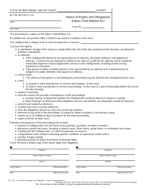 Form IW-1716 Notice of Rights and Obligations - Indian Child Welfare Act - Wisconsin