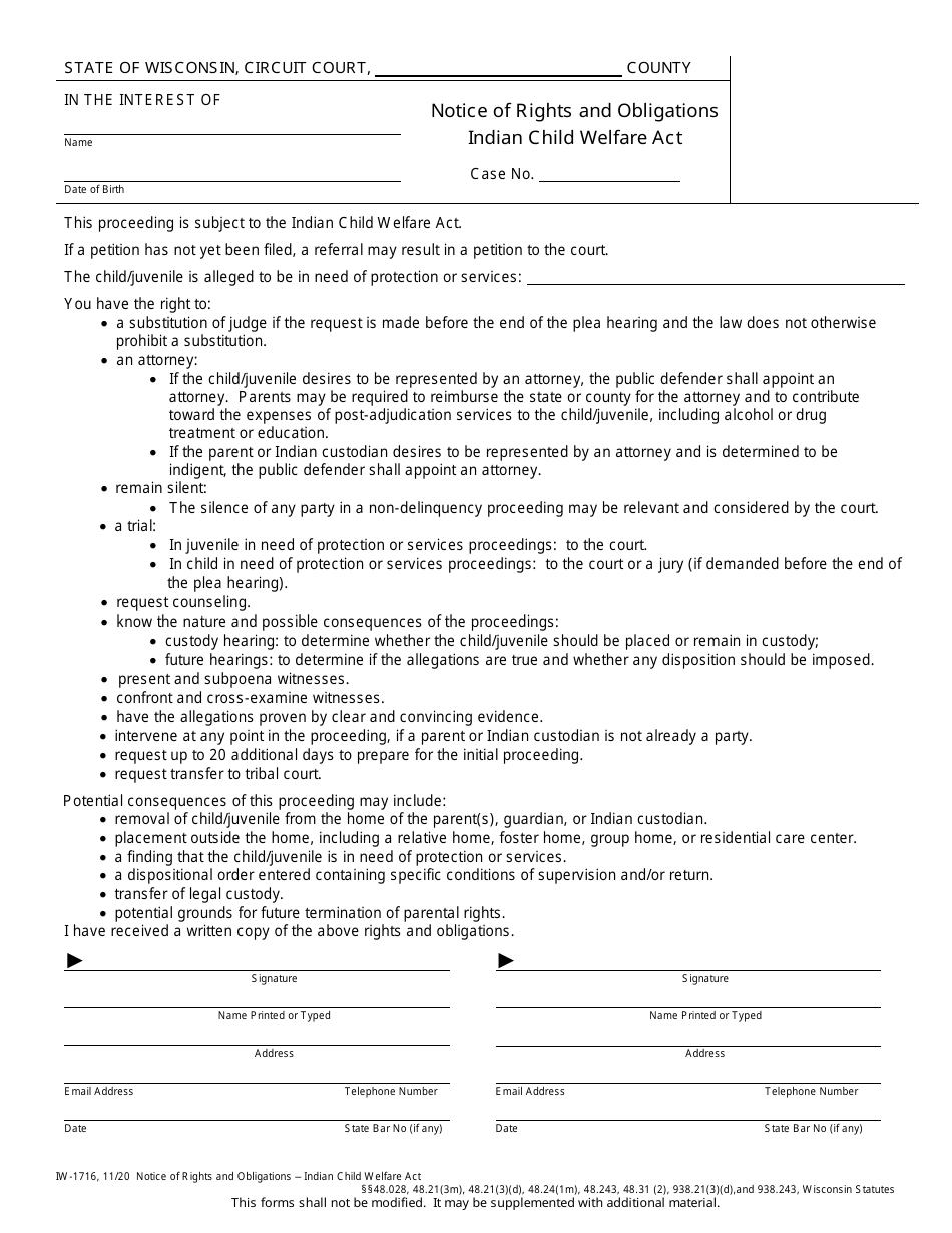 Form IW-1716 Notice of Rights and Obligations - Indian Child Welfare Act - Wisconsin, Page 1