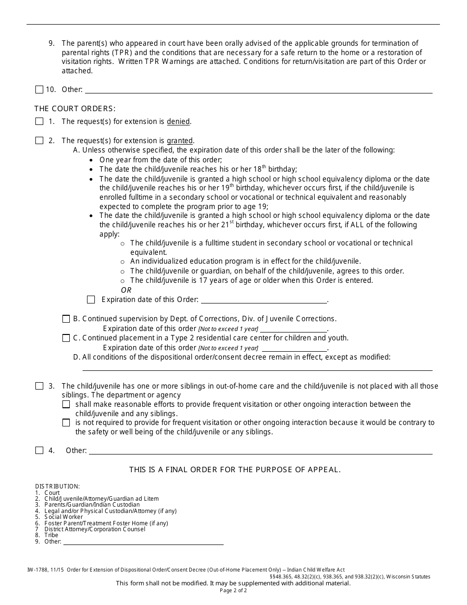 Form IW-1788 Order for Extension of Dispositional Order / Consent Decree (Out-Of-Home Placement Only) - Indian Child Welfare Act - Wisconsin, Page 2