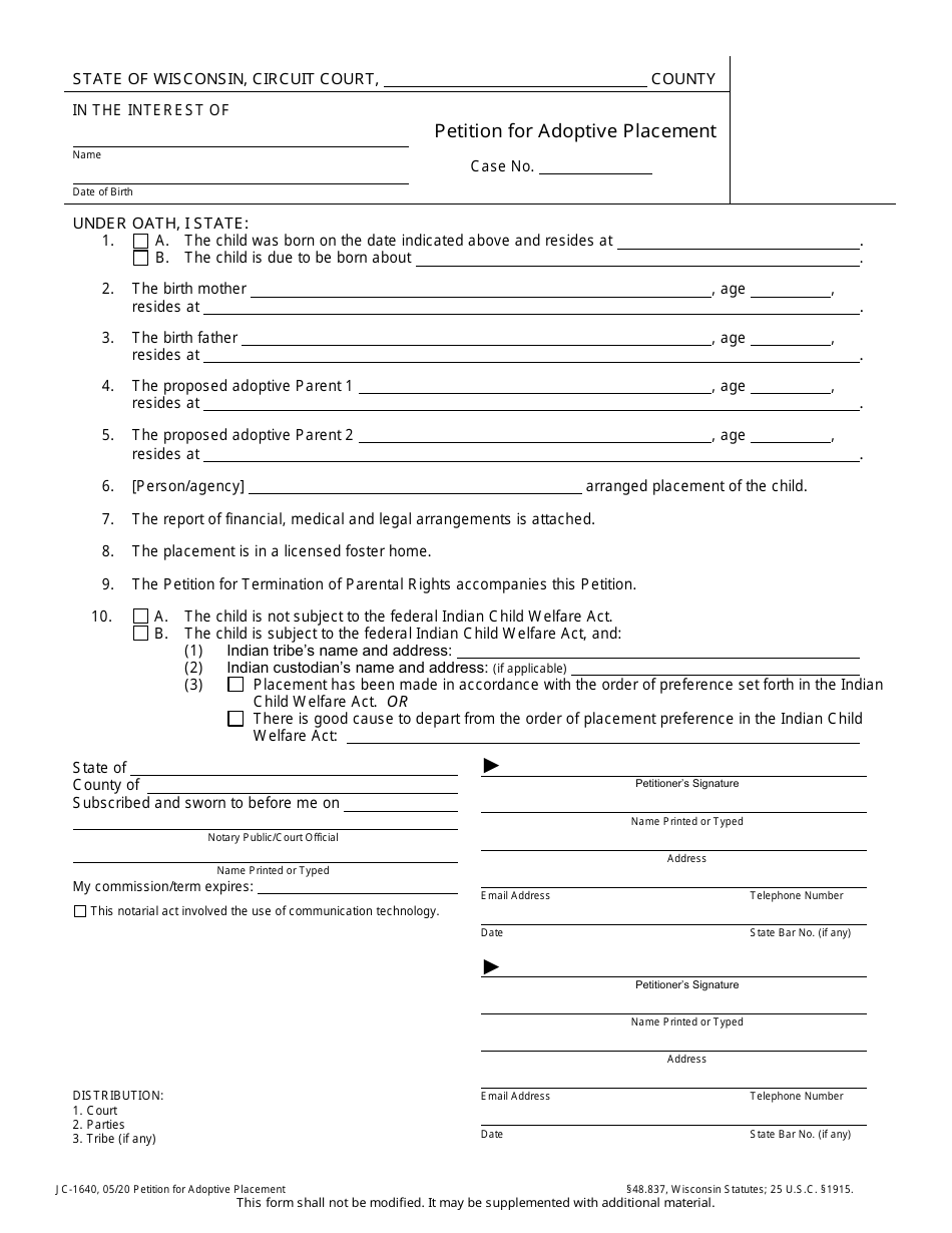 Form JC-1640 Petition for Adoptive Placement - Wisconsin, Page 1