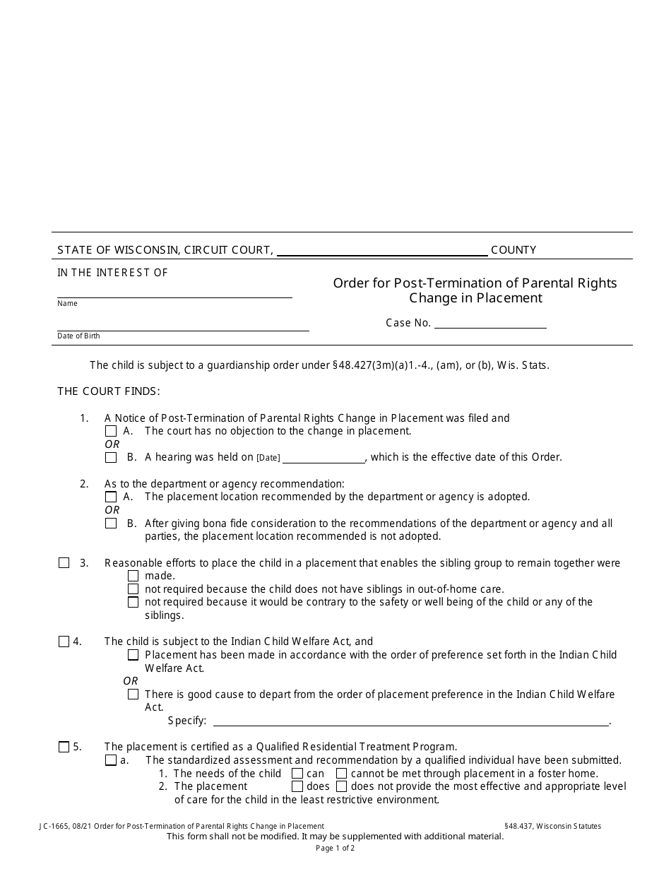 Form JC-1665 Order for Post-termination of Parental Rights Change in Placement - Wisconsin, Page 1