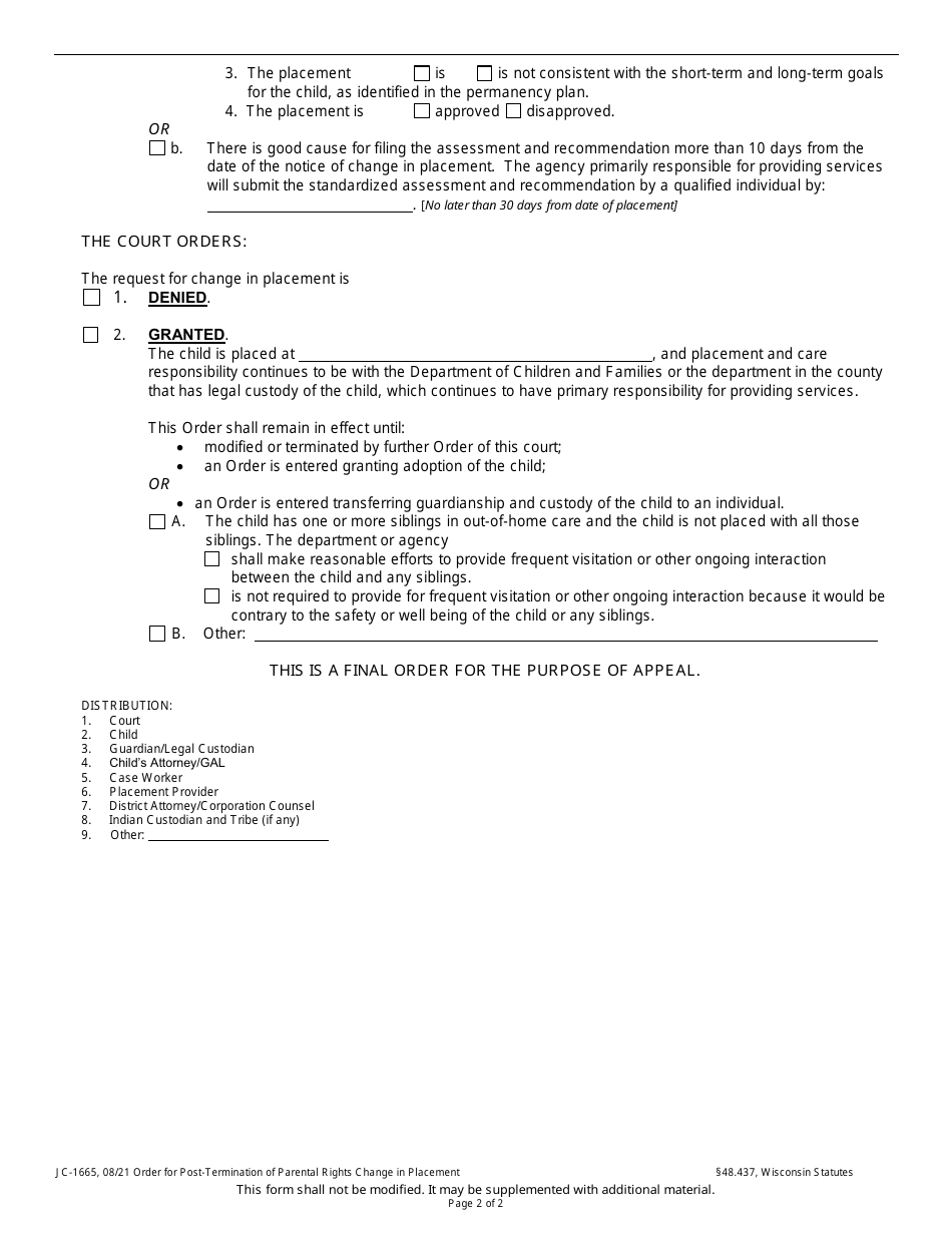 Form JC-1665 Order for Post-termination of Parental Rights Change in Placement - Wisconsin, Page 2