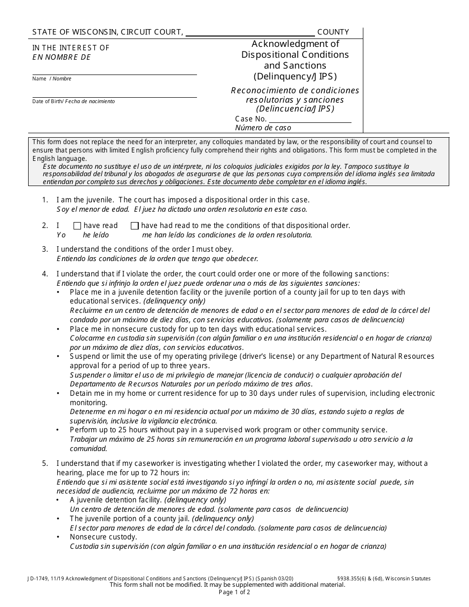 Form JD-1749 Acknowledgement of Dispositional Conditions and Sanctions (Delinquency / Jips) - Wisconsin (English / Spanish), Page 1