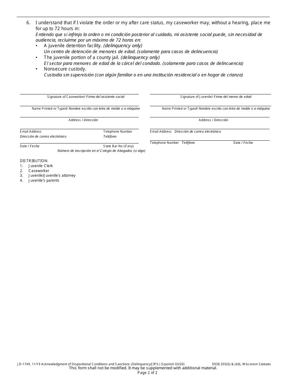 Form JD-1749 Acknowledgement of Dispositional Conditions and Sanctions (Delinquency / Jips) - Wisconsin (English / Spanish), Page 2