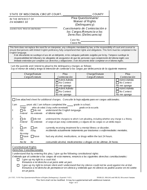 Form JD-1737 Plea Questionnaire/Waiver of Rights (Delinquency) - Wisconsin (English/Spanish)