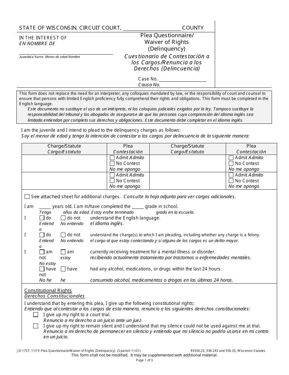 Form JD-1737 Plea Questionnaire / Waiver of Rights (Delinquency) - Wisconsin (English / Spanish), Page 1